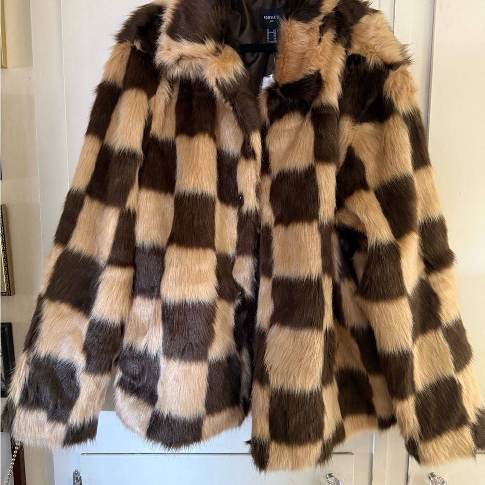 Brown and Tan Checkered Faux Fur Coat